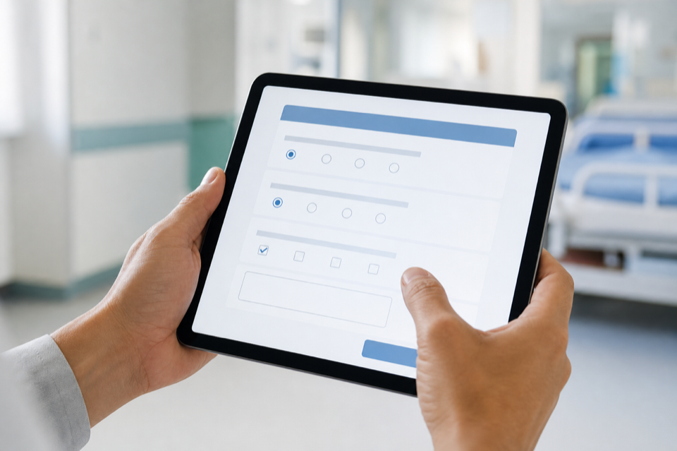 Close-up of hands entering data on a tablet